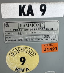 9 KVA 480 Primary, 600 Secondary, Hammond Mfg. Co. Ltd., 3-Phase Step-Up Autotransformer, 60 Hz
