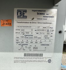 27 KVA 600 Delta Primary, 347Y/600 Secondary, Bemag Inc., Drive Transformer, Isolation, 3-Phase, 60 Hz