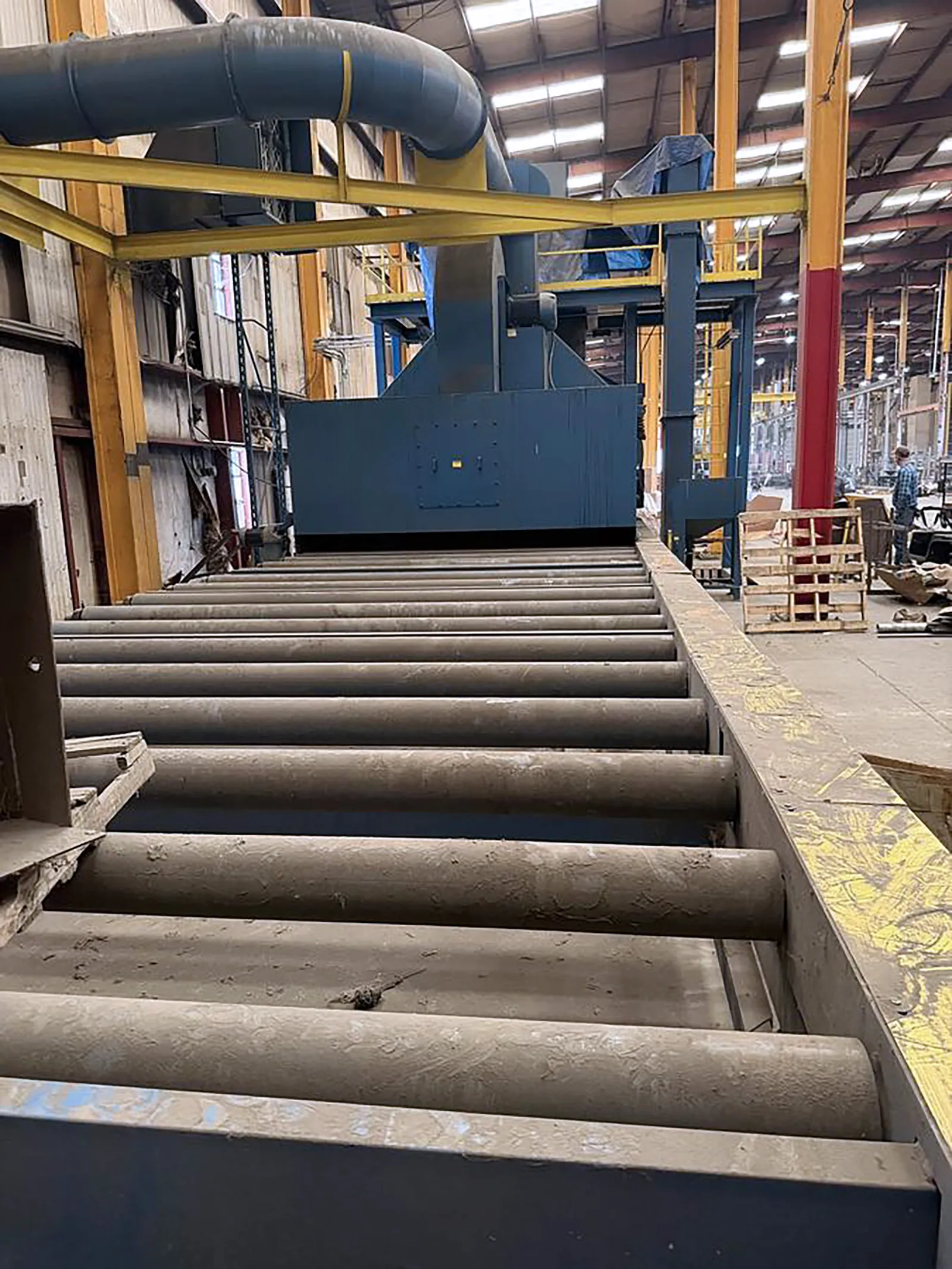 Blastec, conveyor plate shot blaster, 10' plate width x 8" H, (4) 25 HP 24" wheels, 1750 RPM, 50' powered