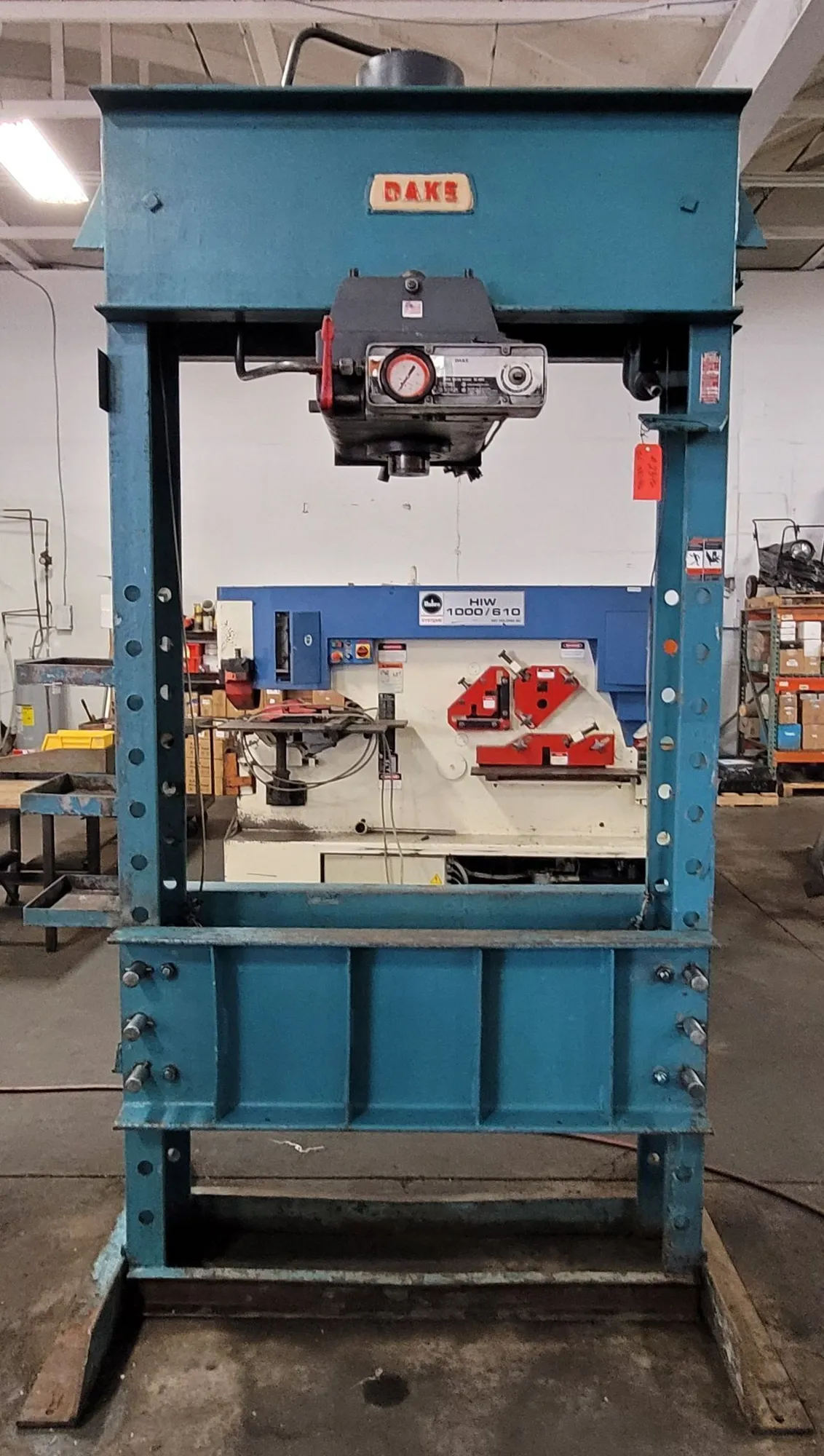 150 Ton, Dake #6-858, Air-Over-Hydraulic H-Frame Press, 16" Ram Travel, 48" between housing,