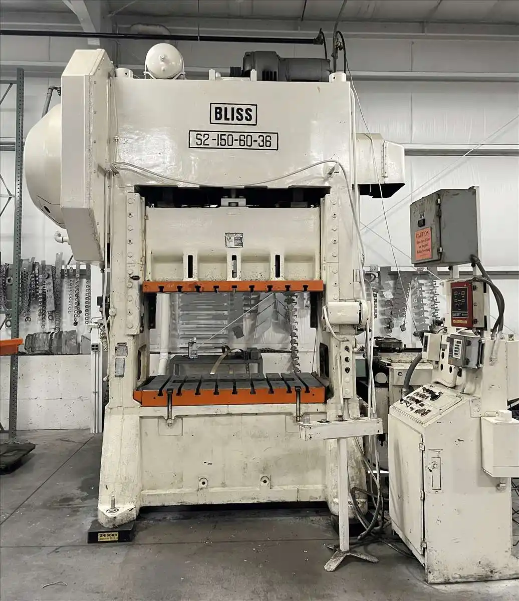 150 Ton, Bliss #S2-150-60-36, straight side double crank press, 6" stroke, 30-60 SPM, 32" shut height, 60" x