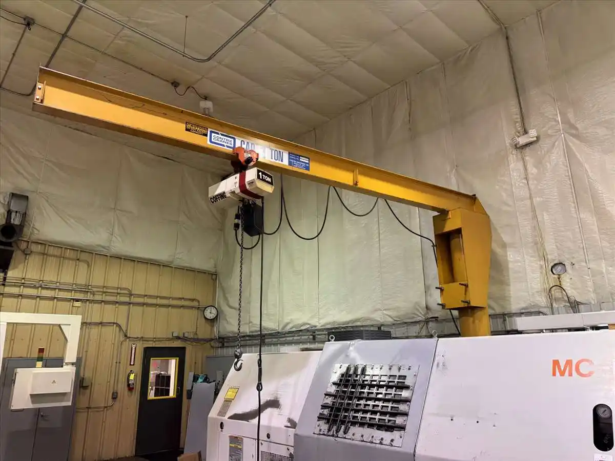 1 Ton, Contrx, free standing jib crane, 12' under rail, 15' reach, Coffing 1 ton hoist, pendant Control