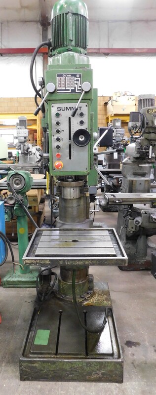 30" Summit #5-Shut Height, single spindle drill, box column, 5.4 HP, forward/reverse, coolant
