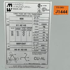 75 KVA 600 Delta Primary, 600Y/347 Secondary, Hammond Manufacturing Mfg., 3-Phase Isolation Transformer, CSA