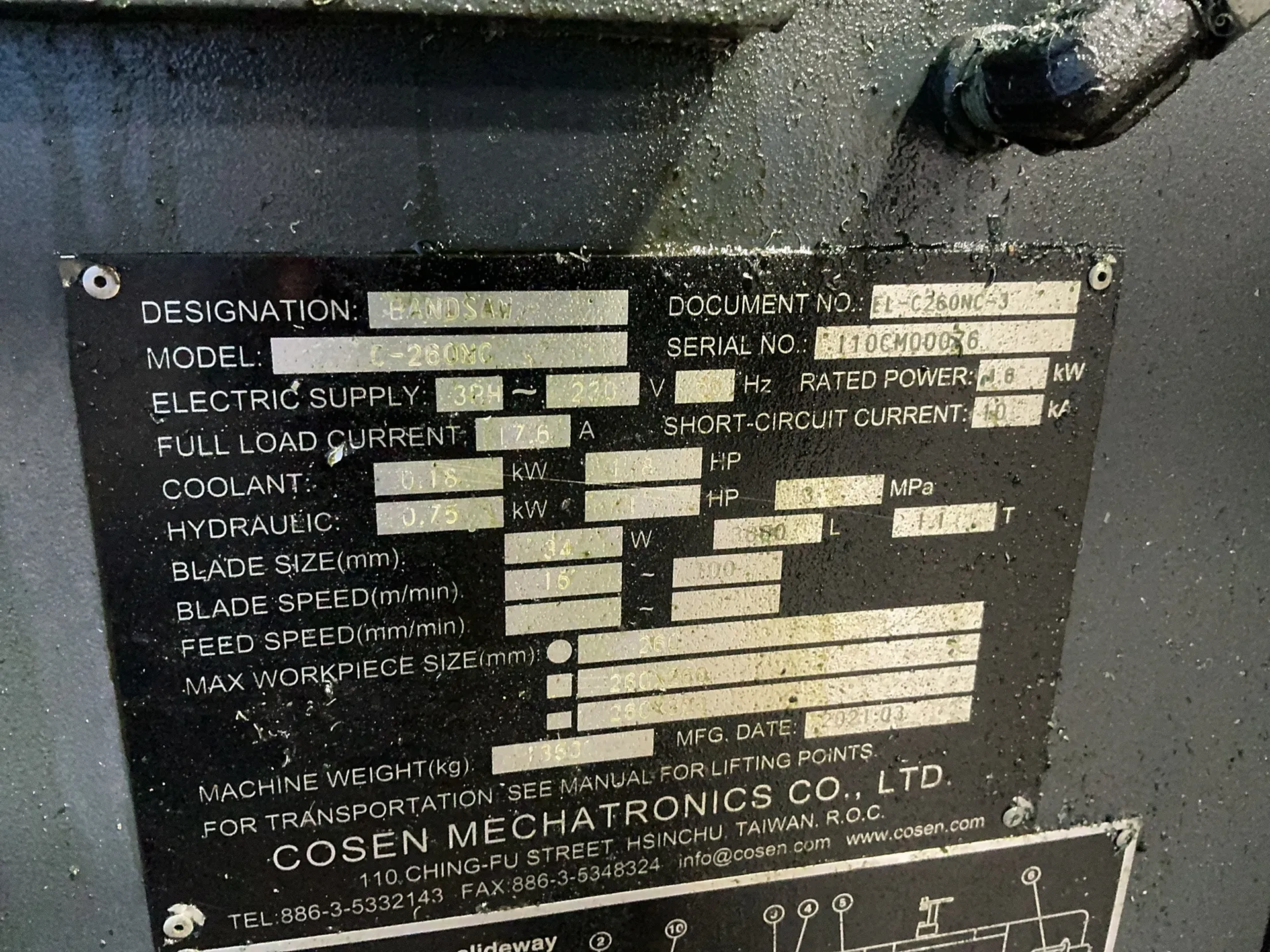 10" X 18" Cosen #C-260NC, Horizontal Band Saw, 4.7 KW, 1-3/8" X 144-1/16" X 1/16" Blade, 2021