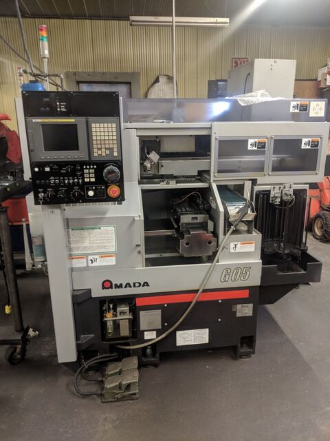 Amada Wasino #G-05, CNC gang lathe, 4" chuck, 1.1" spindle bore, 5 HP, 8,000 RPM, gantry loader, Fanuc