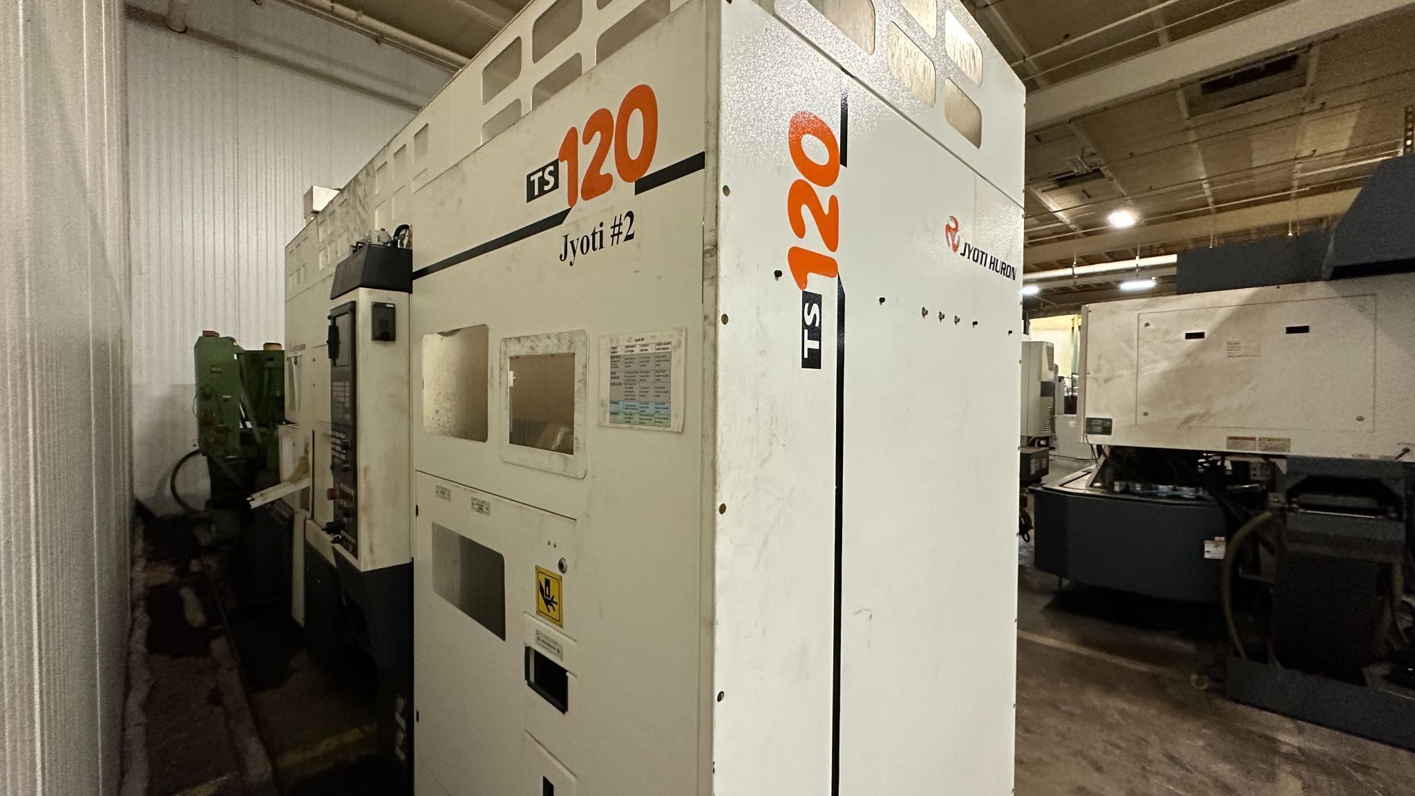 Jyoti #TS-120, twin spindle CNC chucker lathe, 6.5" chuck, 3" X, 5.7" Z, 4,500 RPM, twin turret, gantry