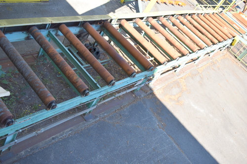 7' wide x 85' long, Powered Roll Case, 8-1/2" diameter rolls on 3' centers, 2-1/4" shafts, 50" roll height