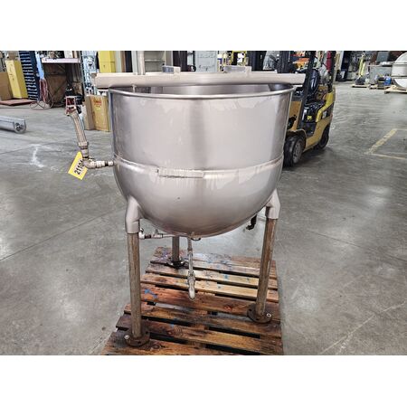 100 gallon Stainless Steel jacketed kettle, 36" diameter, hemispherical jacket, sweep agitator w/o drive, 2"