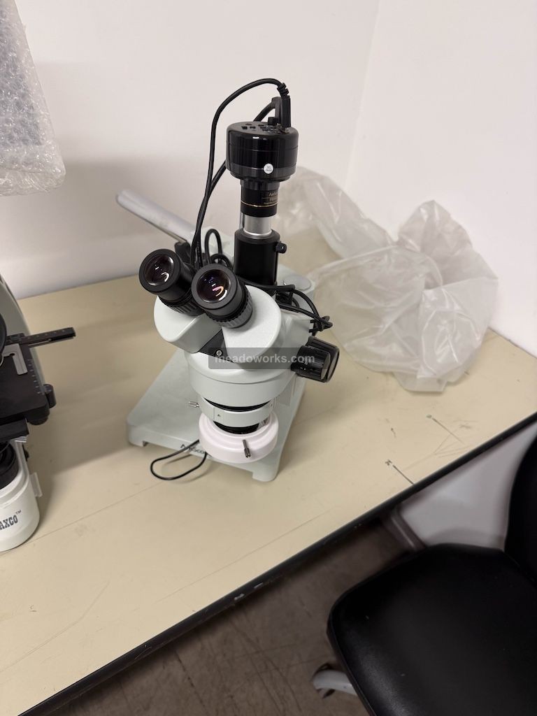 AmScope #HC210, Trinocular Stereo Zoom Microscope, HDMI camera, LED ring light, 5 V.