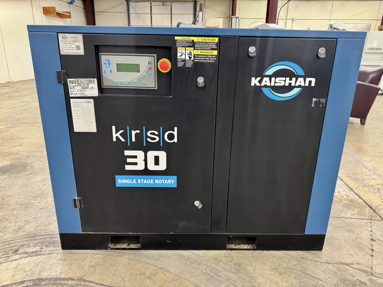 138 cfm, 125 psig, Kaishan #KRSD-30-125, rotary screw air compressor, 30 HP, base-mounted, sound attenuated