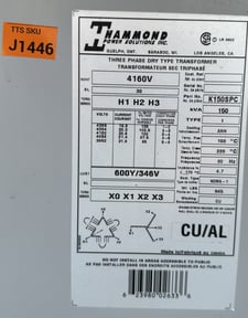 150 KVA 4160 Primary, 600Y/346 Secondary, Hammond Power Solutions, Inc. 3-Phase Dry Type Transformer, CSA, 60