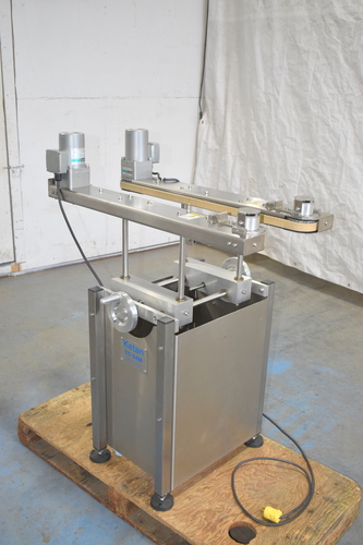 1" wide x 34" long, Ketan #TC-34M, Hugger Belt Side Grip Transfer Conveyor, 38" belt height, 8" between