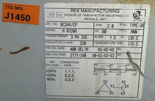 2 KVA 480 Delta Primary, 277Y/160 Secondary, Rex Manufacturing Mfg. (Transfactor Industries Inc.) 3-Phase