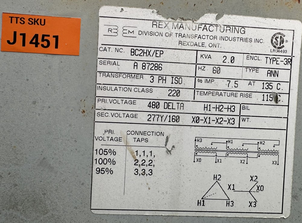 2 kVA 480 Delta Primary, 277Y/160 Secondary, Rex Manufacturing 3-Phase Isolation Transformer, NEMA 3R, CSA