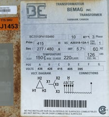 10 KVA 415 Delta Primary, 480Y/277WYE Secondary, BEMAG Inc., 3-Phase Isolation Transformer, CSA, 60 Hz