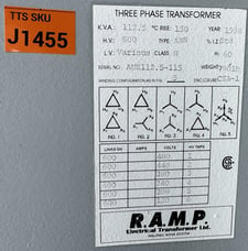 112.5 KVA 600 Primary, 480/120 Secondary, RAMP Electrical Transformer Ltd., 3-Phase Autotransformer