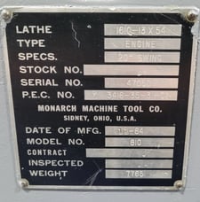 20" x 54" Monarch #610, Engine Lathe, 10 HP, 1500 RPM, 2.25" Bore, D1-6, 12" Chuck, 1978