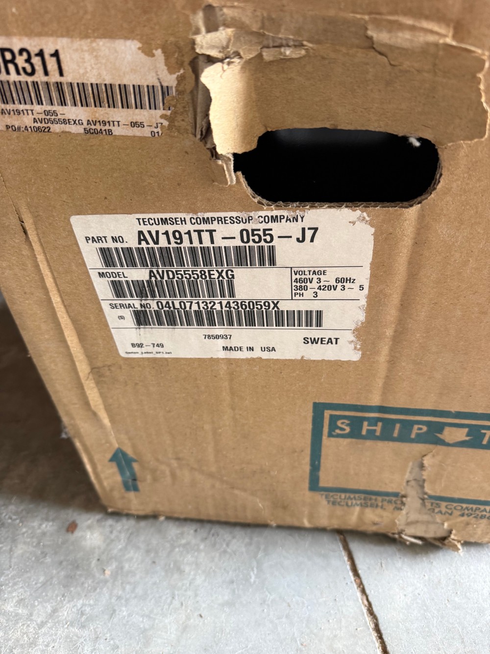 Tecumseh #AVD5558EXG, 4-1/2 HP Hermetic compressor 460 V. 3 phase R22 57600 BTU, New