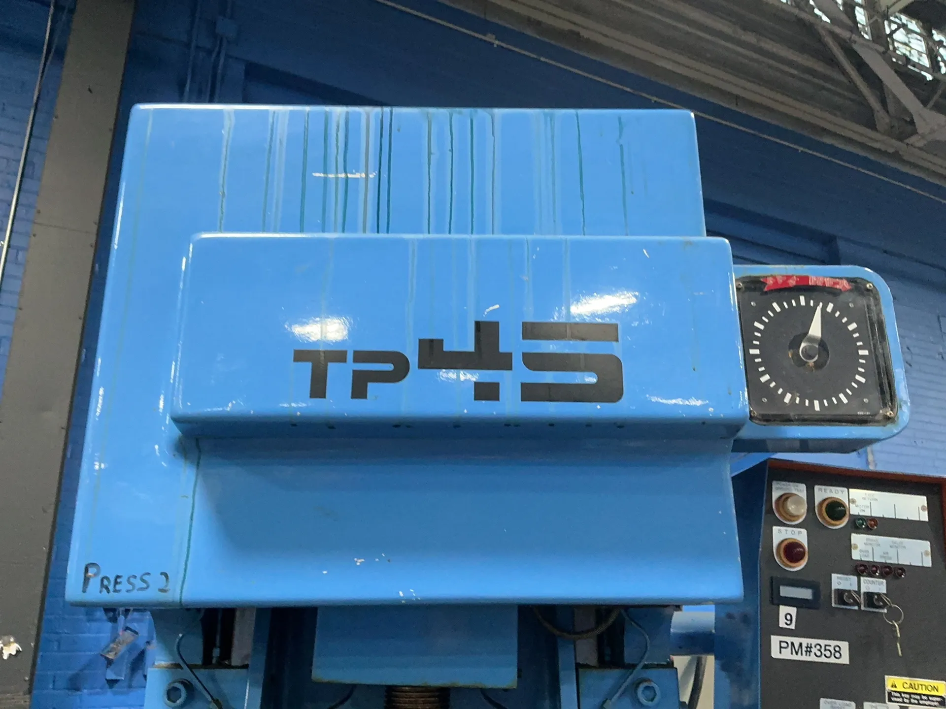 45 Ton, Amada #TP-45, Gap Frame Press, 15-3/4" x 13-3/4" Slide Area, 5-1/2" Stroke, 3.7 KW, 208 V., 1992