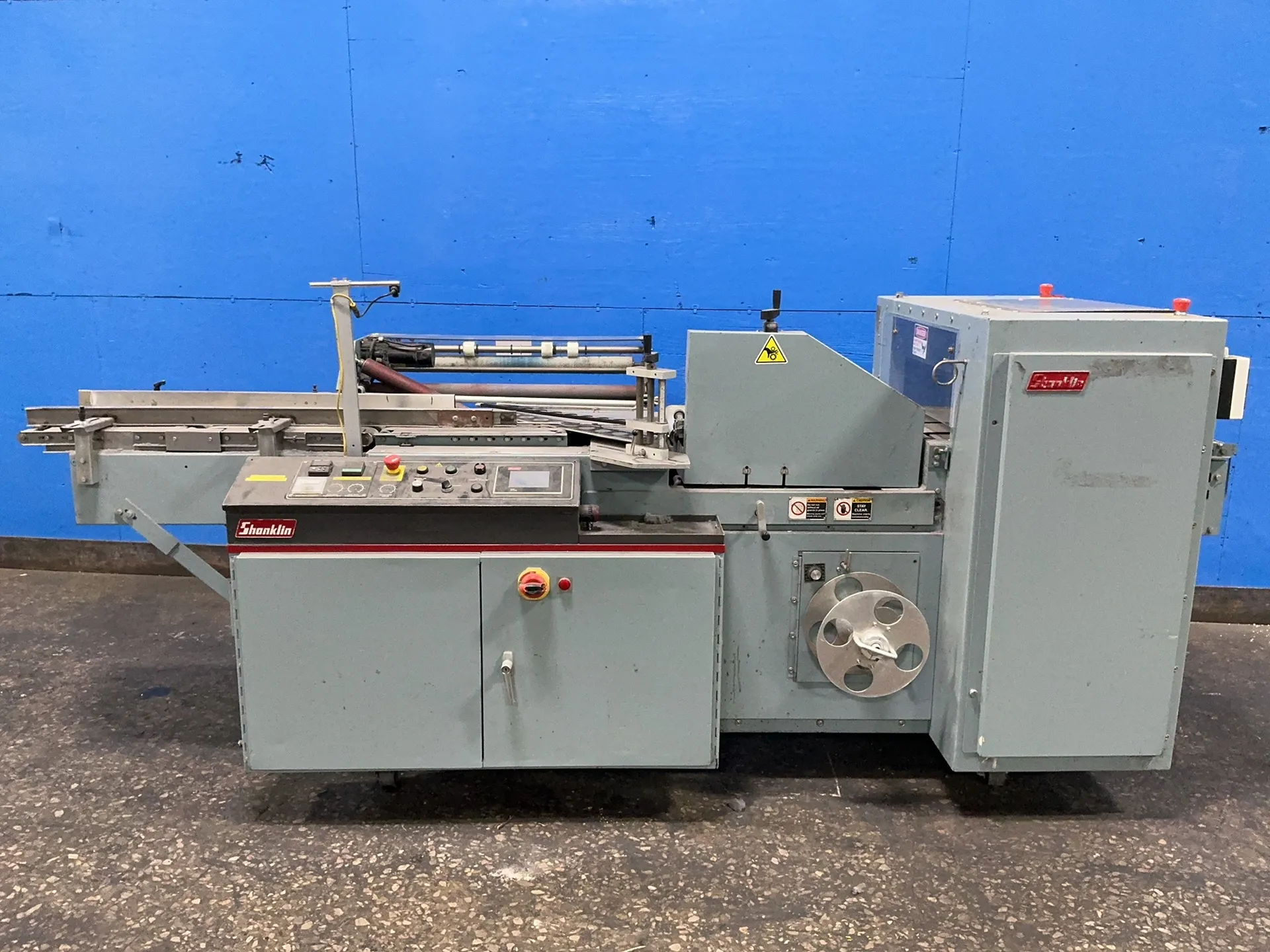Shanklin #F-1, Side Sealer Wrapper, 14" and 20" Conveyor Belts, 90 PSI Max, 230 V.
