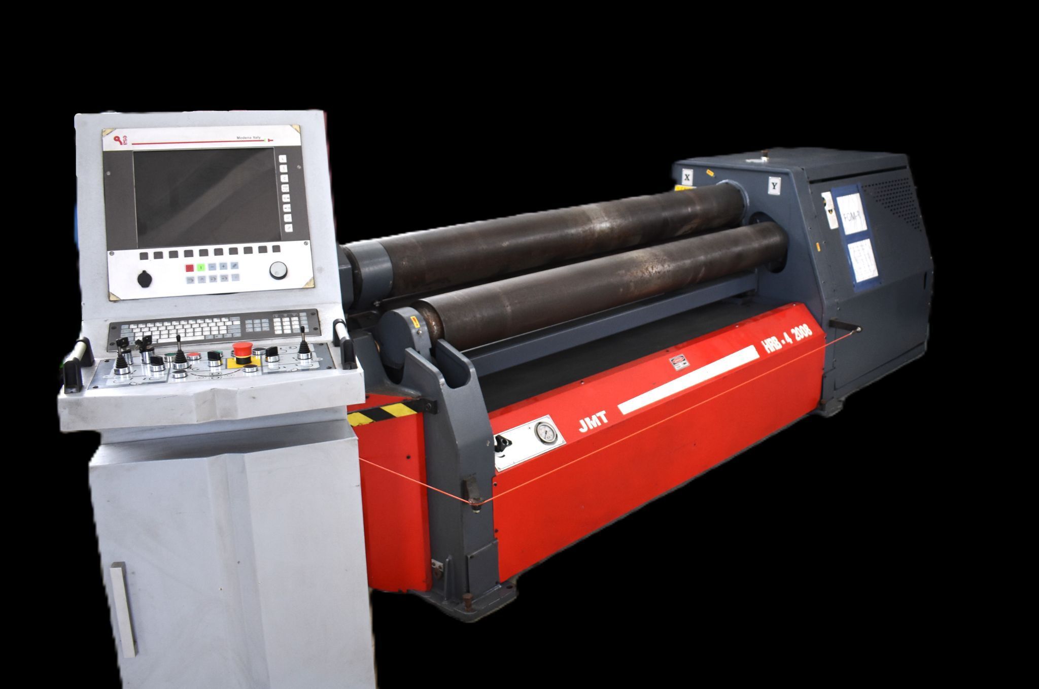 72" x 1/4" JMT #HRP-4, hydraulic 4-roll plate bending roll, 7.8" top roll, cone attachment, ESA control, 460