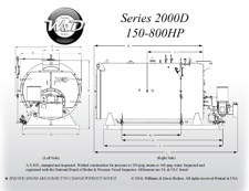 150 HP Williams & Davis, 2-Pass, dry-back design steam boiler, new