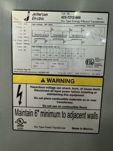 45 KVA 240 Delta Primary, 208Y/120 Secondary, Jefferson Electric Dry Type Transformer Line