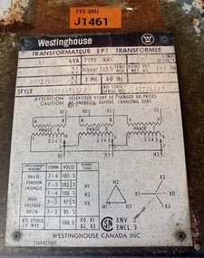 15 KVA 480 Delta Primary, 208Y/120 Secondary, Westinghouse Canada, Inc. 3-Phase Dry Type Isolation