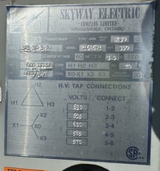 30 KVA 600 Delta Primary, 600Y/347 Secondary, Skyway Electric Co. Ltd., 3-Phase Dry Type Isolation