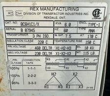 6 KVA 460 Delta Primary, 230 Delta Secondary, Rex Manufacturing Mfg. (Transfactor Industries Inc.), 3-Phase
