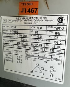 REX Mfg. (Transfactor Industries, Inc. 9 kVA 3-Phase Isolation Transformer, 480 Delta to 380Y/220V, CSA, 60 Hz