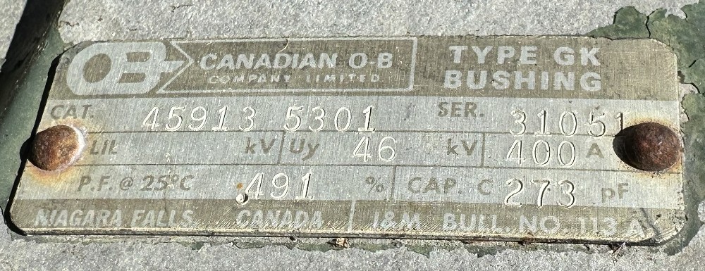 46 KV, Canadian O-B Co. Ltd. O B Co. Ltd., GK type, HV Transformer / Switchgear Condenser Bushing, 400 Amp.