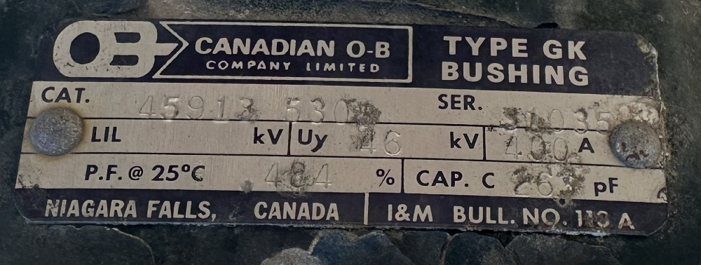 46 KV, Canadian O-B Co. Ltd. O B Co. Ltd., GK type, HV Transformer / Switchgear Condenser Bushing, 400 Amp