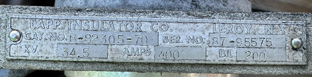 34 KV, Lapp Insulator Co., GK20 type, B-82305-70, Solid-Core Bushing, 400 Amp., Set of 3