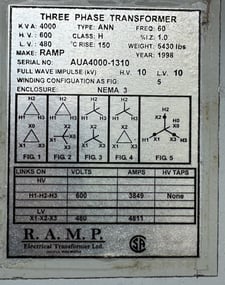 RAMP Electrical X-FMR, Ltd., 3-Phase Autotransformer, 4000 kVA, 600Y to 480Y, Full-Wave Impulse, CSA, 60 Hz