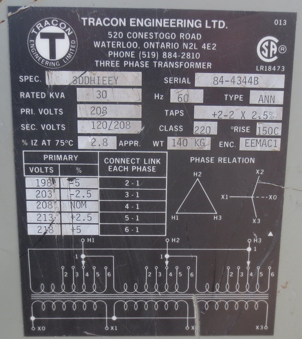 30 KVA 208 Delta Primary, 120/208Y Secondary, Tracon Engineering Ltd., 3-Phase Dry Type Isolation