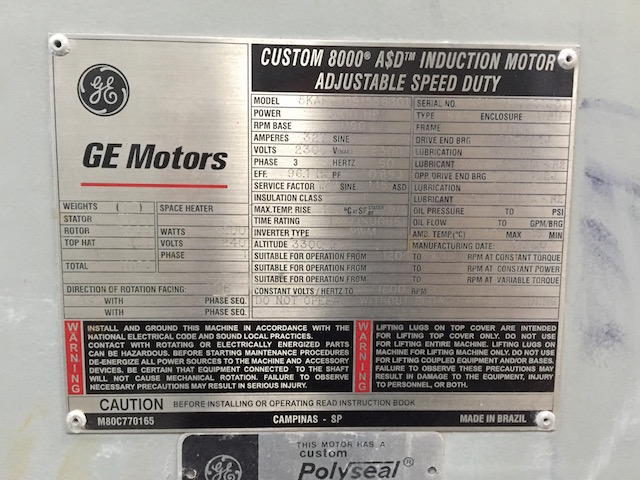 1500 HP 1190 RPM General Electric, 2300 Volts, Custom Induction Motor, Adjustable Speed Duty, 3 phase, 50