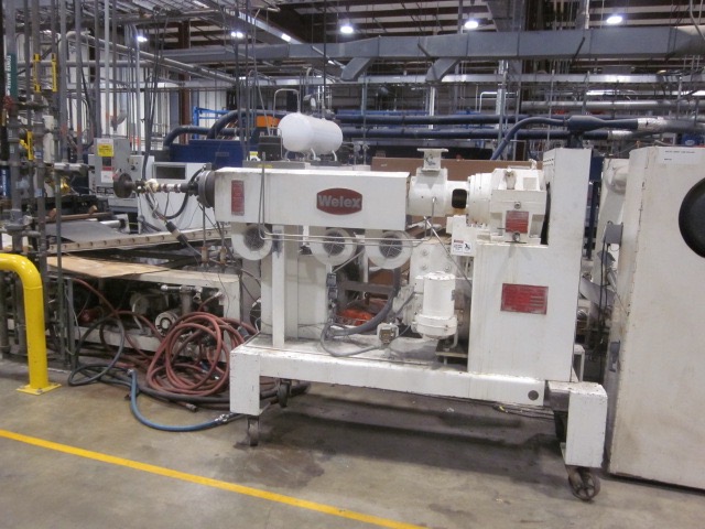 54" Welex 5-layer sheet extrusion line, (5) extruders 3.5" to 1.25", 53" EDI flex lip die, 3-roll stack