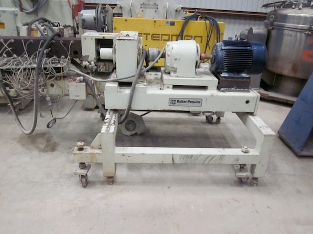 3" Baker Perkins #MPC/V-50, direct extrusion line, 12:1 L/D, 15 HP, 1-1/4" twin screw side feeder, 7-hole