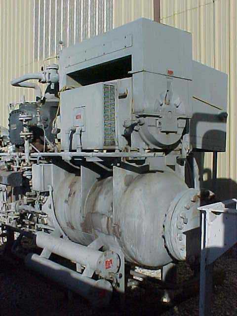 1110 Ton, FES #600, chilled water package, skidded, w/motor, receiver, cooler, (2) 10 HP Viking gear pumps
