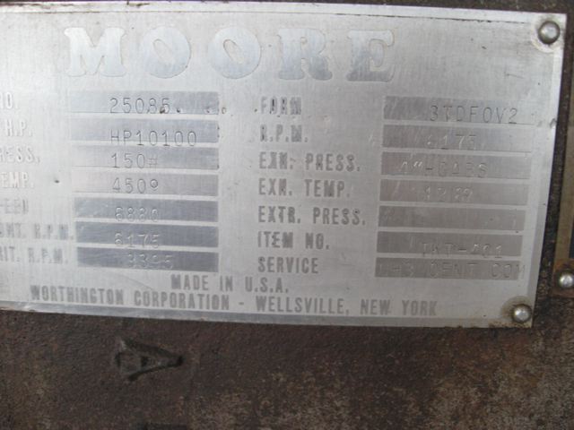 10100 HP Worthington #3TDFOV2, condensing steam turbine, 150 psig inlet @ 450&deg;F, 6175 RPM, 4" Hg exhaust