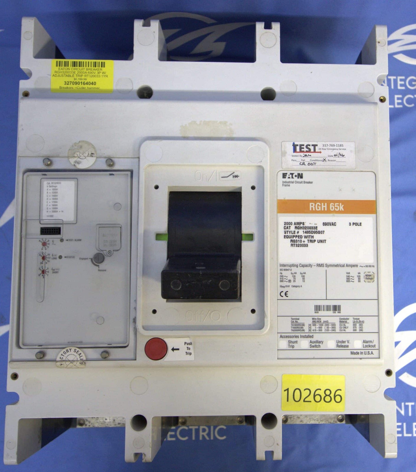 2000 Amps, Eaton #RGH320033E, Molded Case Circuit Breaker, 3-pole, 600 Volts, electronic trip unit