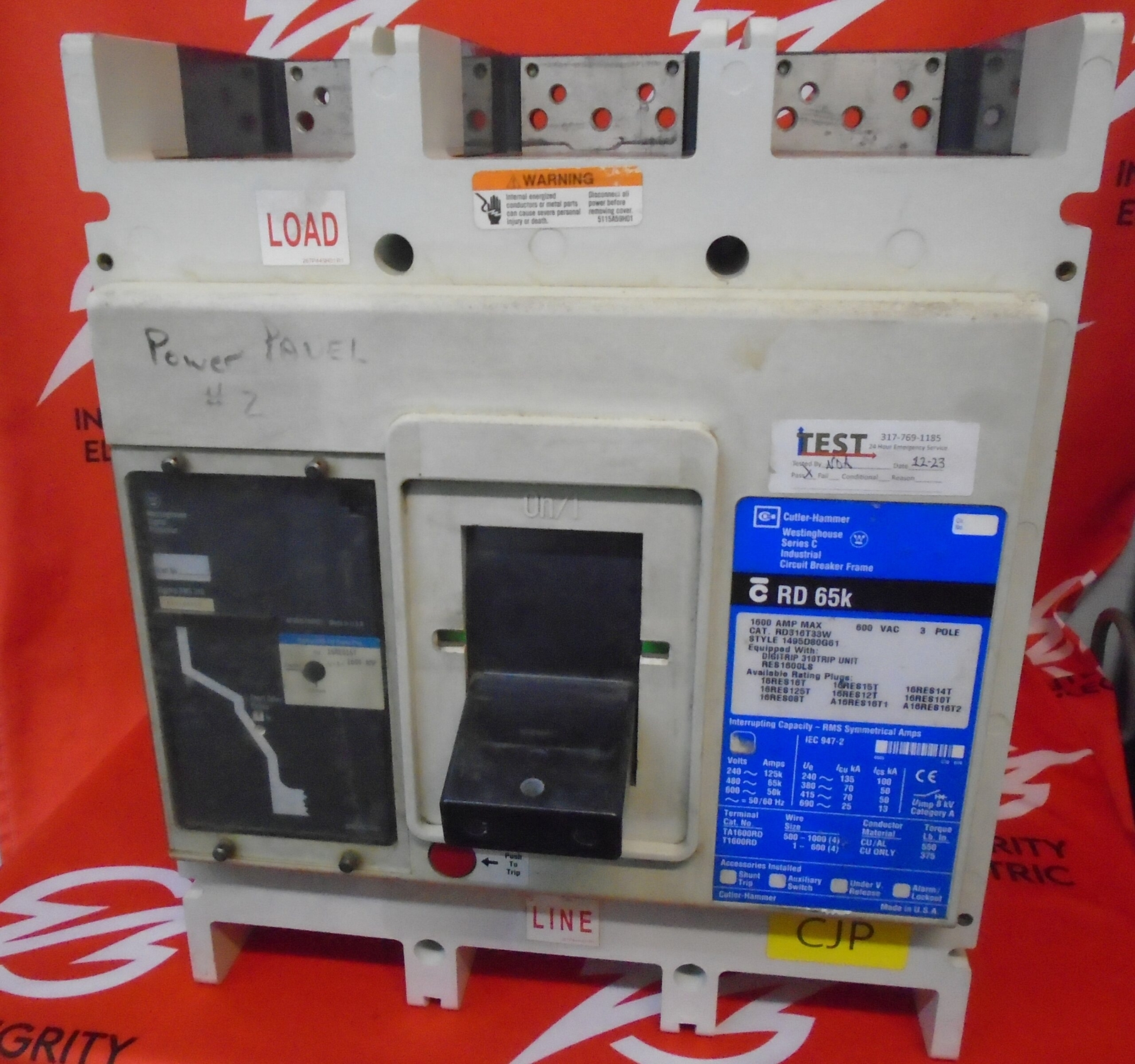 1600 Amps, Cutler-Hammer #RD316T33W, Circuit Breaker, 3-pole, 600 Volts, cleaned and tested