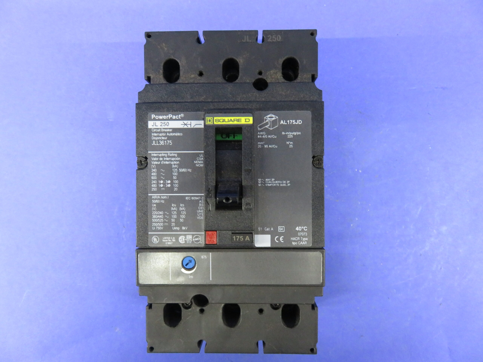 175 Amps, Square D #JLL36175, PowerPact Circuit Breaker, 3-pole, 600 Volts