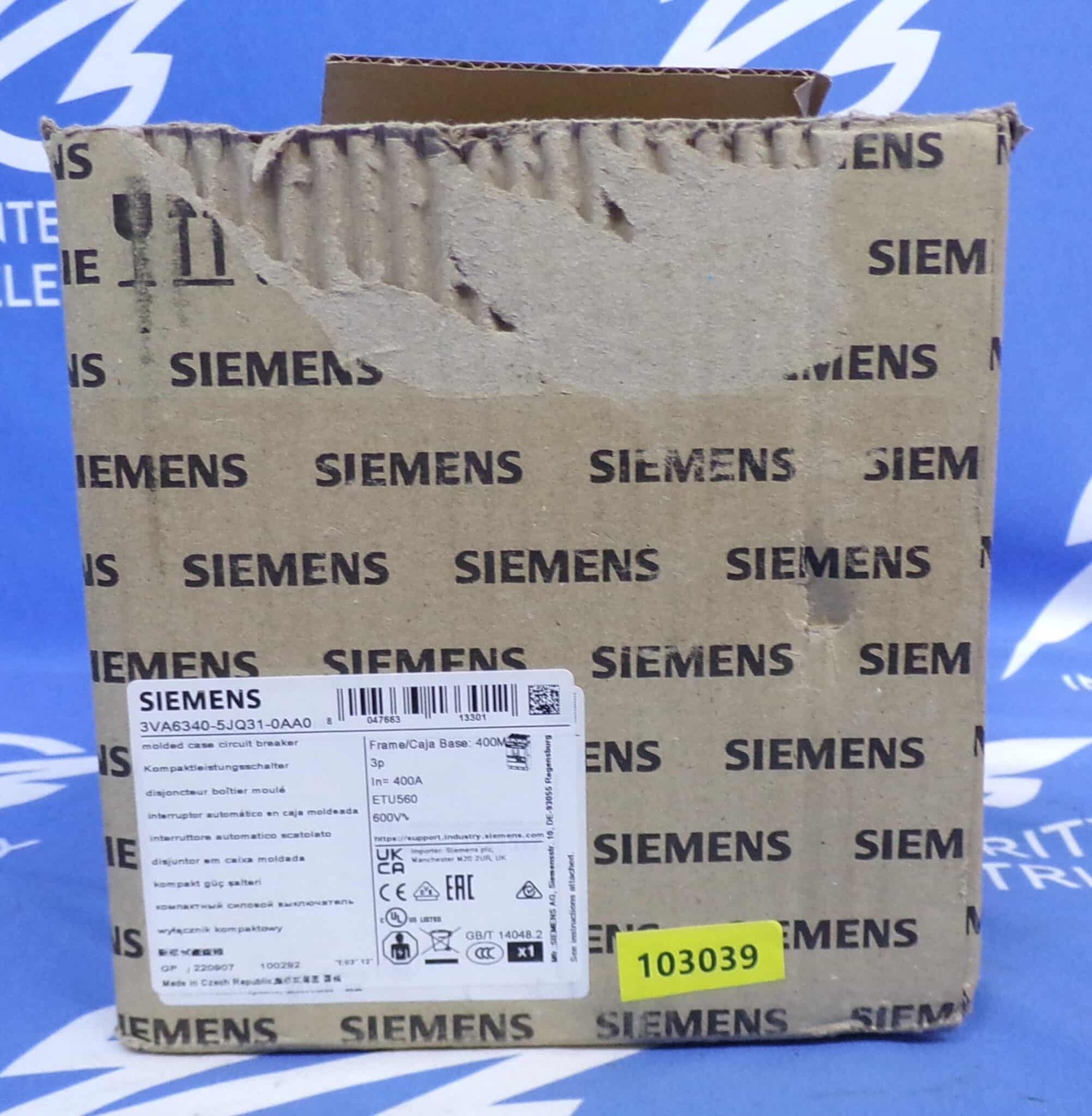 400 Amps, Siemens #3VA6340-5JQ31-0AA0, 3VA6 Molded Case Circuit Breaker, 3-pole, 600 Volts, ETU560 LSIG trip