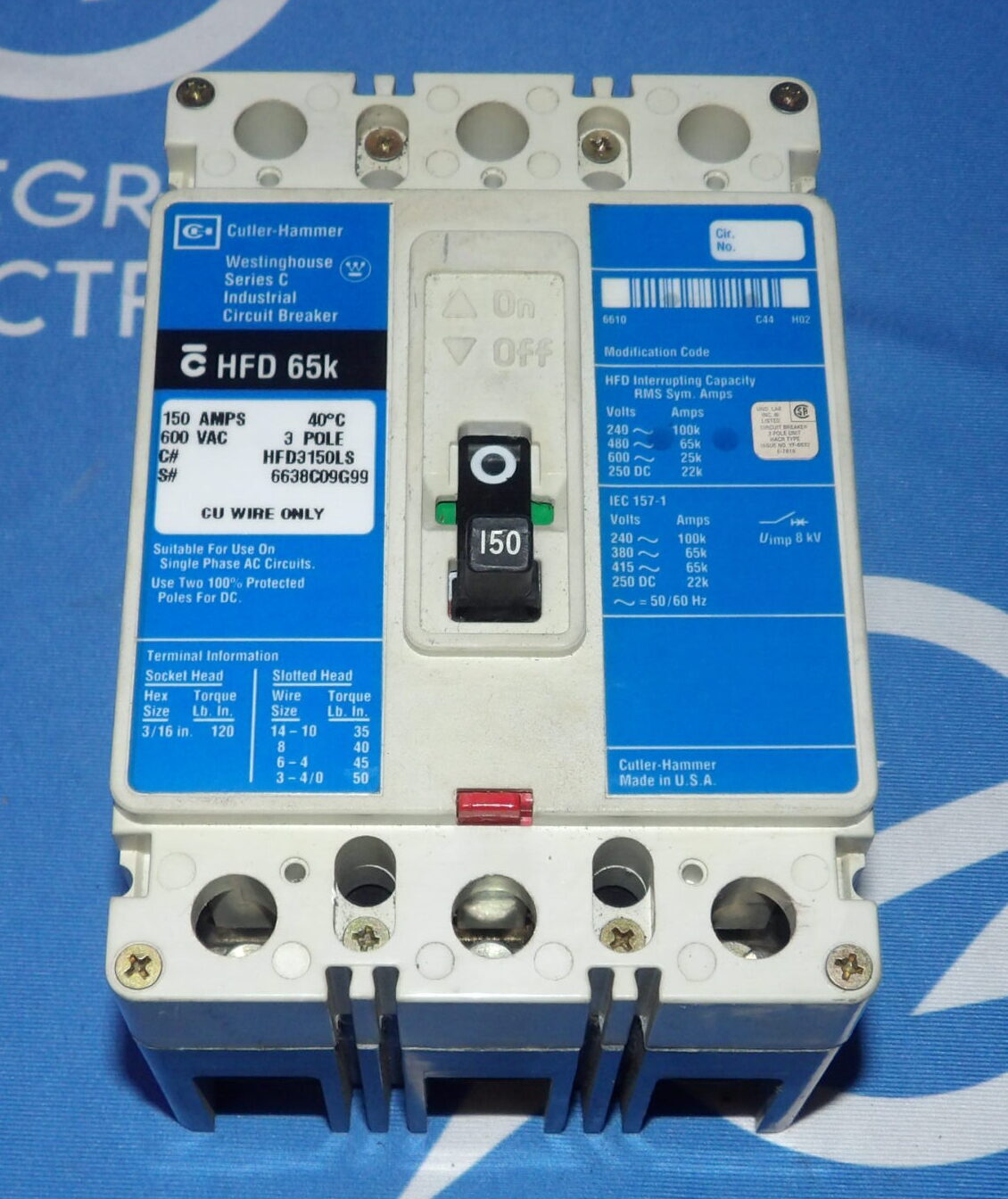 150 Amps, Cutler-Hammer #HFD3150LS, Series C Circuit Breaker, 3-pole, 600 Volts