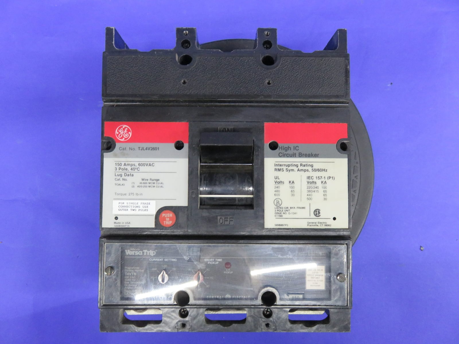 150 Amps, General Electric #TJL4V2601, Circuit Breaker, 3-pole, 600 Volts, w/ Versa Trip T4VTN