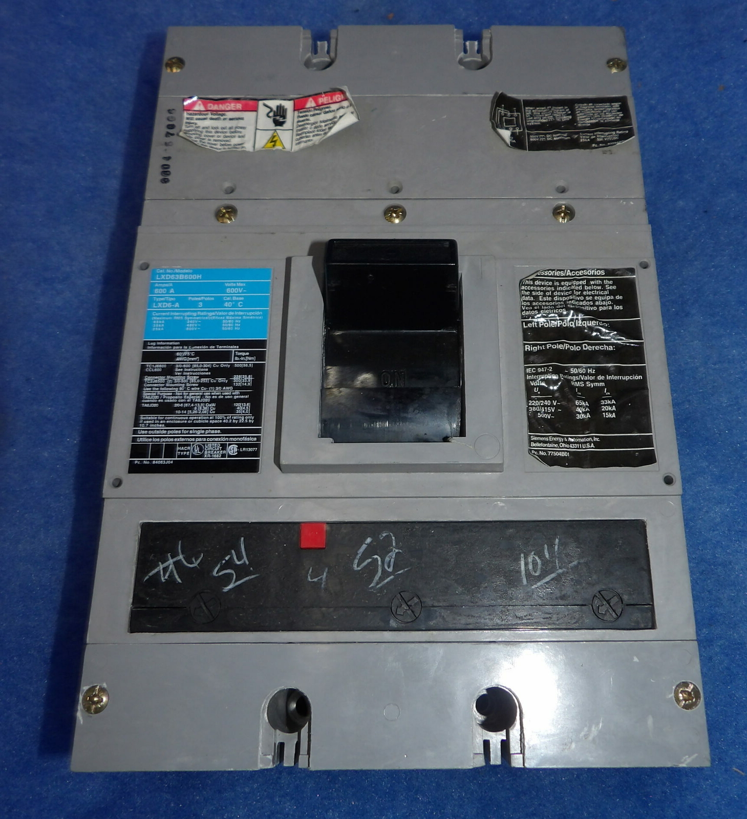 600 Amps, Siemens #LXD63B600H, Type LXD6-A Circuit Breaker, 3-pole, 600 Volts