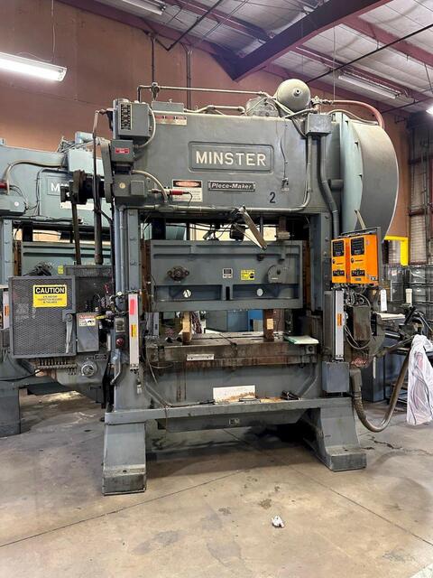 100 Ton, Minster #P2-100-60, straight side double crank press, 4" stroke, 15" Shut Height, 160 SPM, 31" x60"